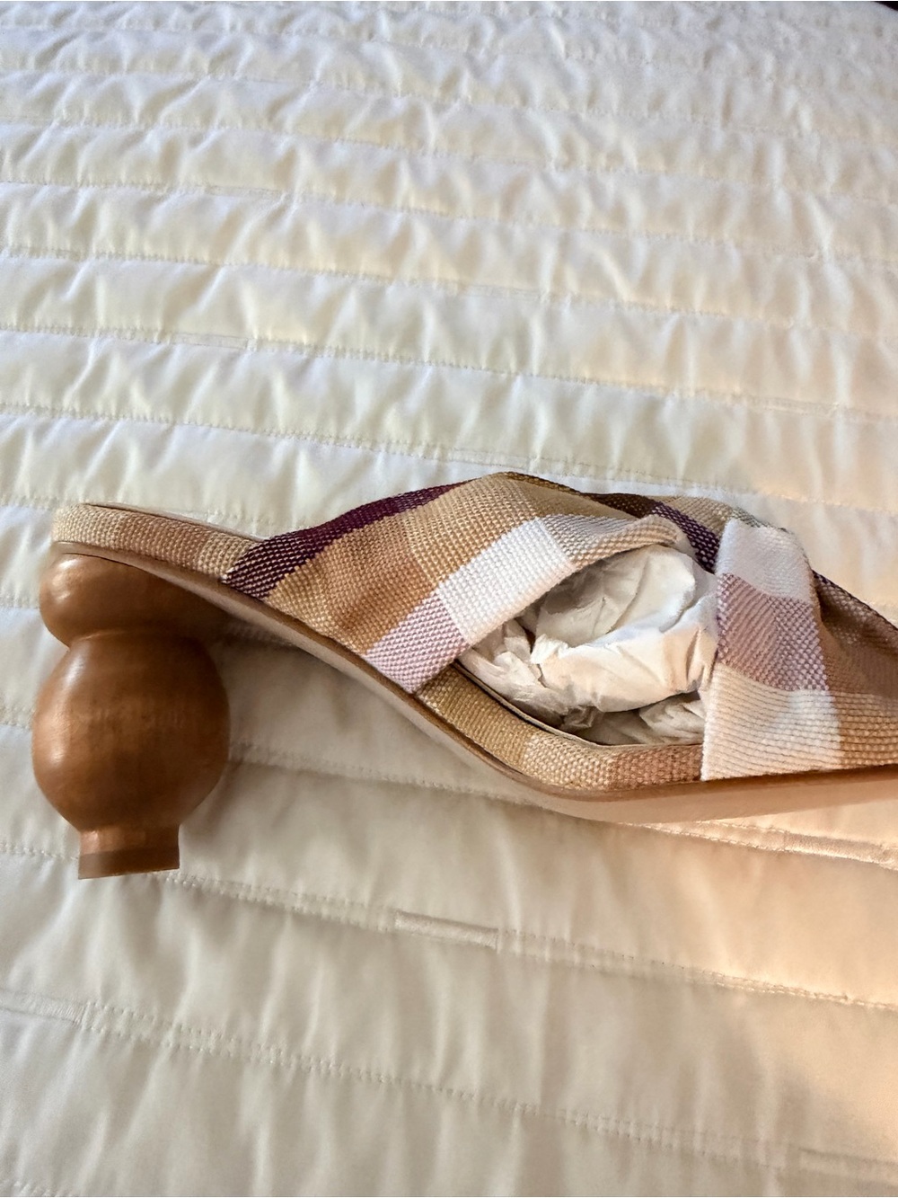 Bernardo Beige, White & Purple Plaid Wooden-Heel Sandal